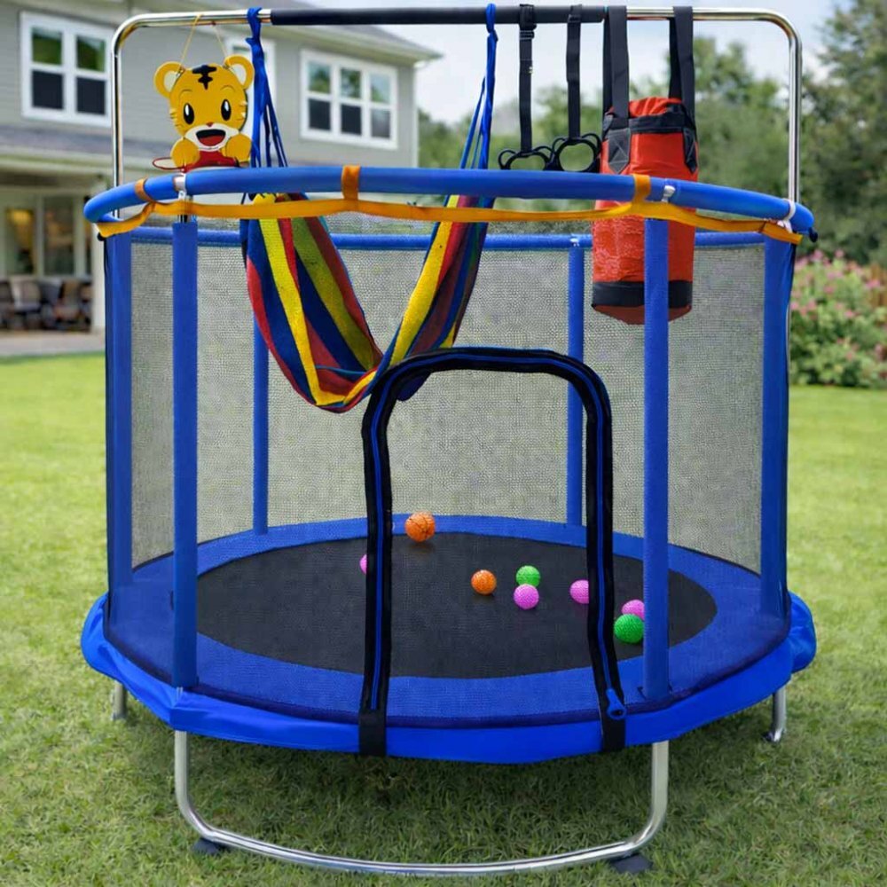 Ikonka Trambulina pentru copii Blue cu set complet de accesorii include cos de baschet minge hamac diametru 155 cm pana la 150 kg