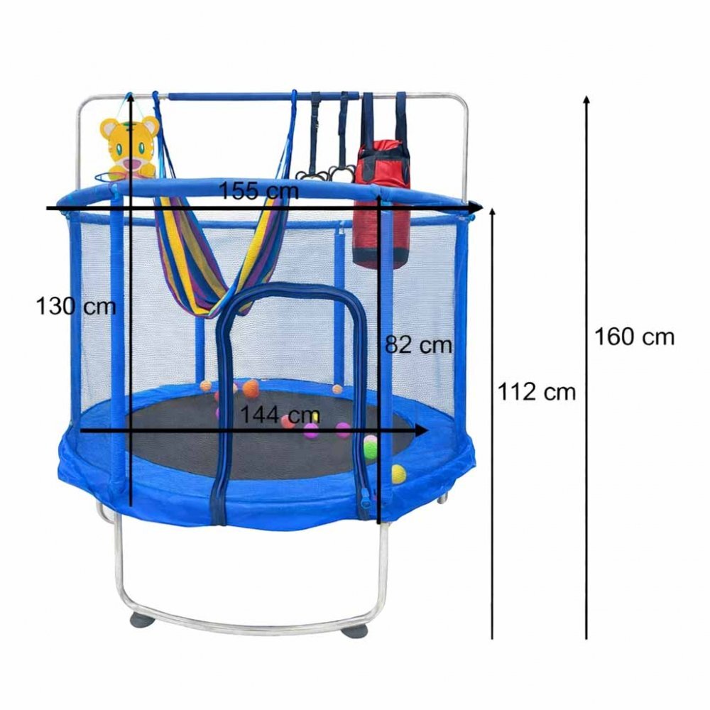 Ikonka Trambulina pentru copii Blue cu set complet de accesorii include cos de baschet minge hamac diametru 155 cm pana la 150 kg