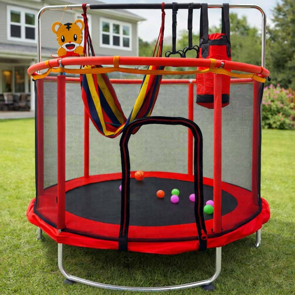 Ikonka Trambulina pentru copii Red cu set complet de accesorii include cos de baschet minge hamac diametru 155 cm pana la 150 kg