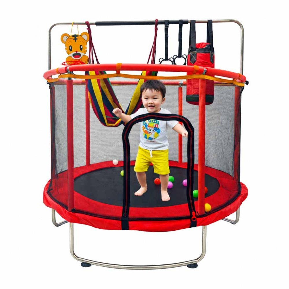 Ikonka Trambulina pentru copii Red cu set complet de accesorii include cos de baschet minge hamac diametru 155 cm pana la 150 kg