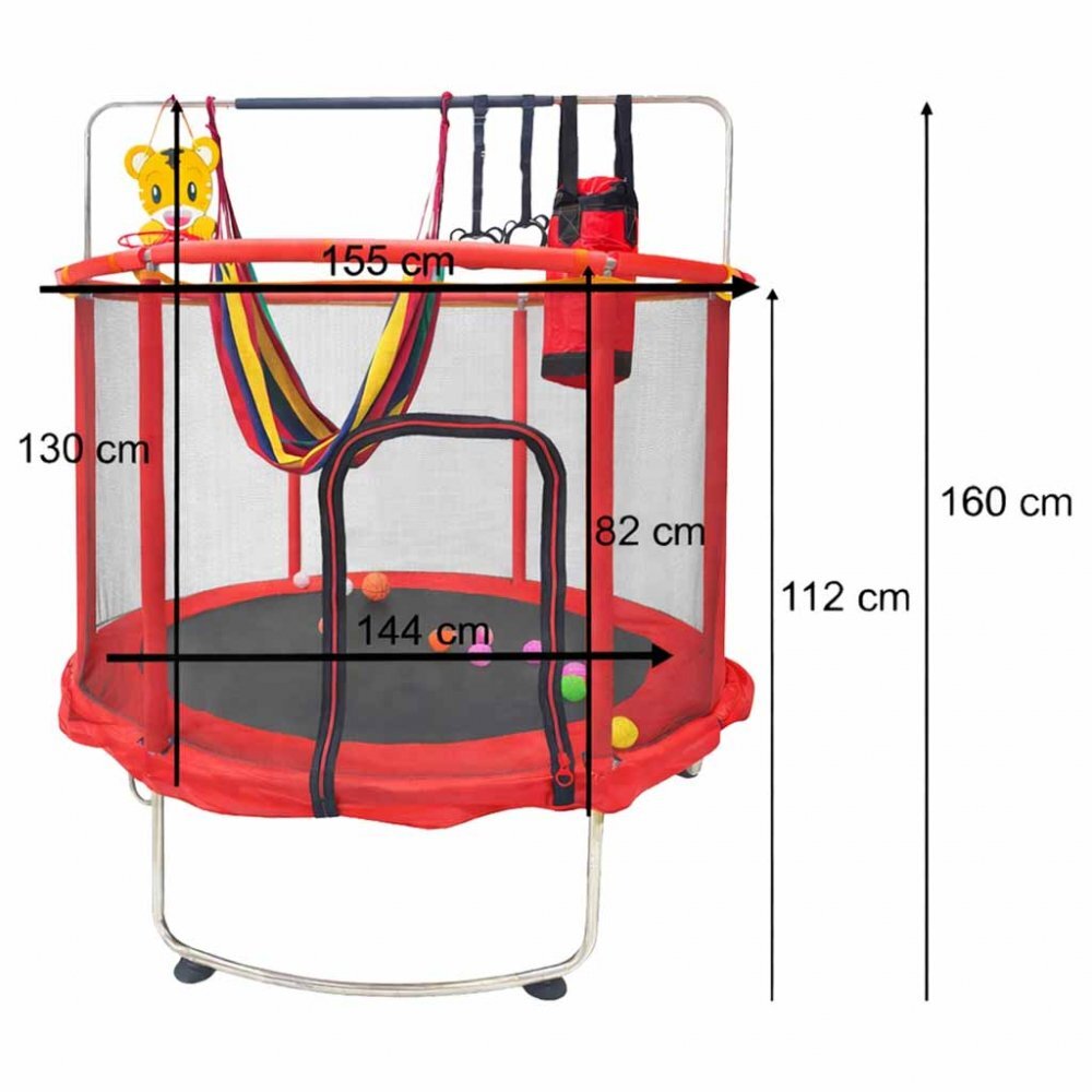 Ikonka Trambulina pentru copii Red cu set complet de accesorii include cos de baschet minge hamac diametru 155 cm pana la 150 kg