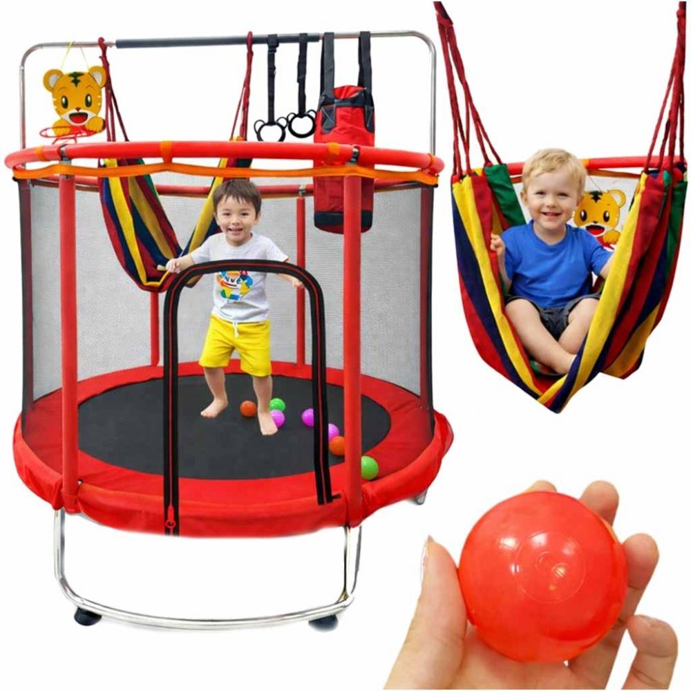 Ikonka Trambulina pentru copii Red cu set complet de accesorii include cos de baschet minge hamac diametru 155 cm pana la 150 kg