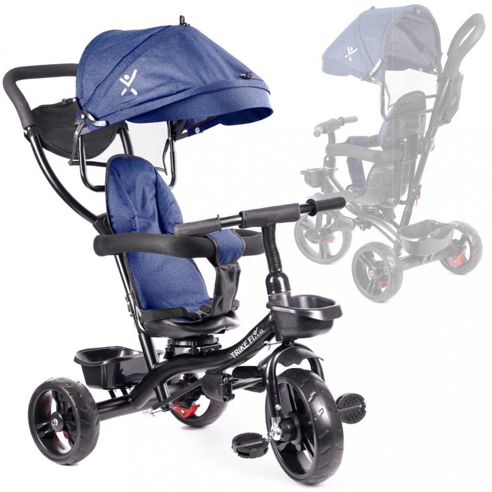 Ikonka Tricicleta pentru copii Trike Fix Lite Blue cu scaun rotativ 360 sistem roata libera roti cauciuc EVA suport pentru picioare maner cu control al directiei si frana pe rotile din spate