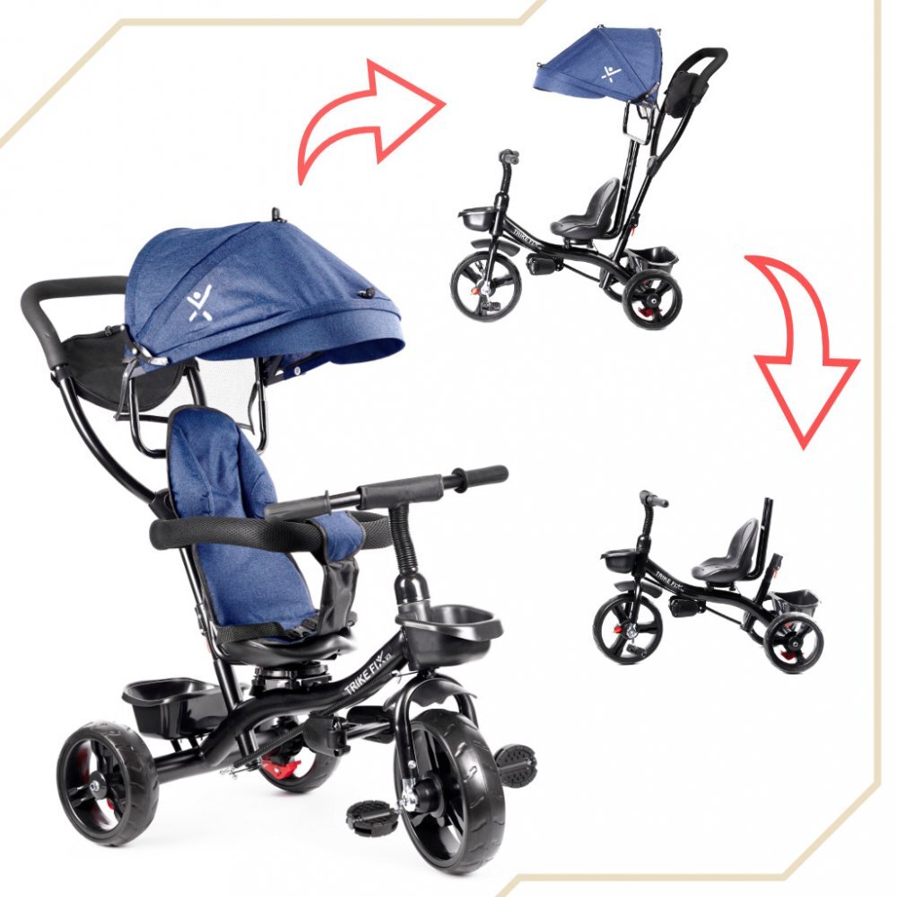 Ikonka Tricicleta pentru copii Trike Fix Lite Blue cu scaun rotativ 360 sistem roata libera roti cauciuc EVA suport pentru picioare maner cu control al directiei si frana pe rotile din spate