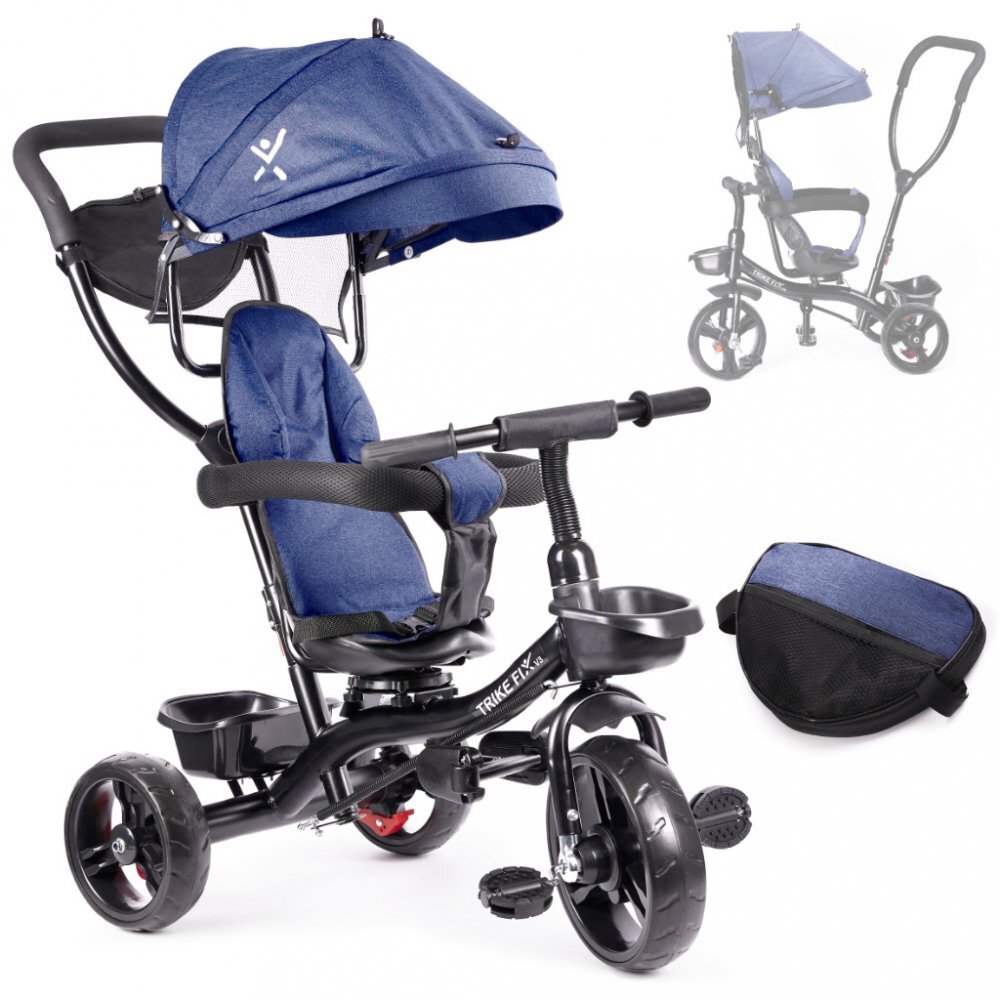 Ikonka Tricicleta pentru copii Trike Fix Lite Blue cu scaun rotativ 360 sistem roata libera roti cauciuc EVA suport pentru picioare maner cu control al directiei si frana pe rotile din spate