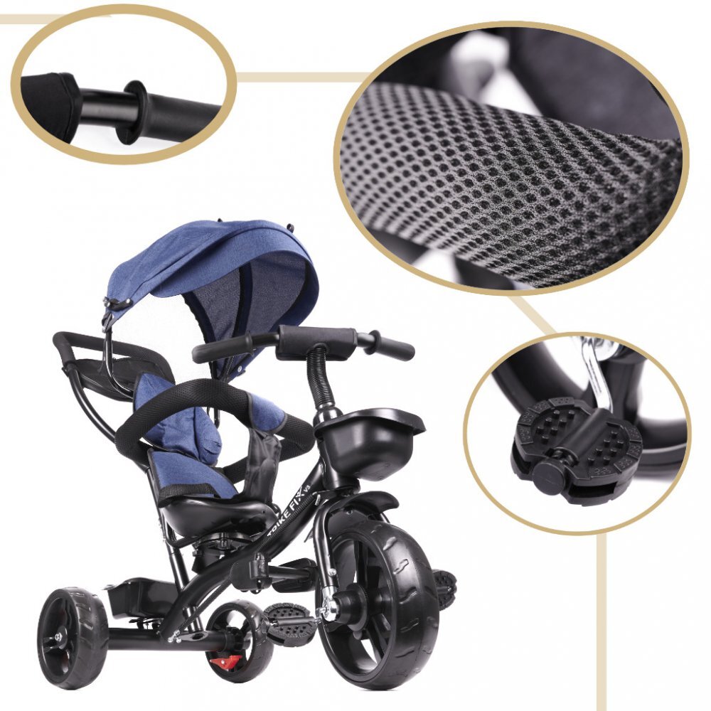 Ikonka Tricicleta pentru copii Trike Fix Lite Blue cu scaun rotativ 360 sistem roata libera roti cauciuc EVA suport pentru picioare maner cu control al directiei si frana pe rotile din spate