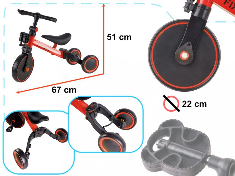 Ikonka Tricicleta pentru copii Trike Fix Red cu pedale 3 in 1 ghidon si sa reglabile cadru din otel roti din spuma pentru copii cu varsta cuprinsa intre 15 si 4 ani si 30kg