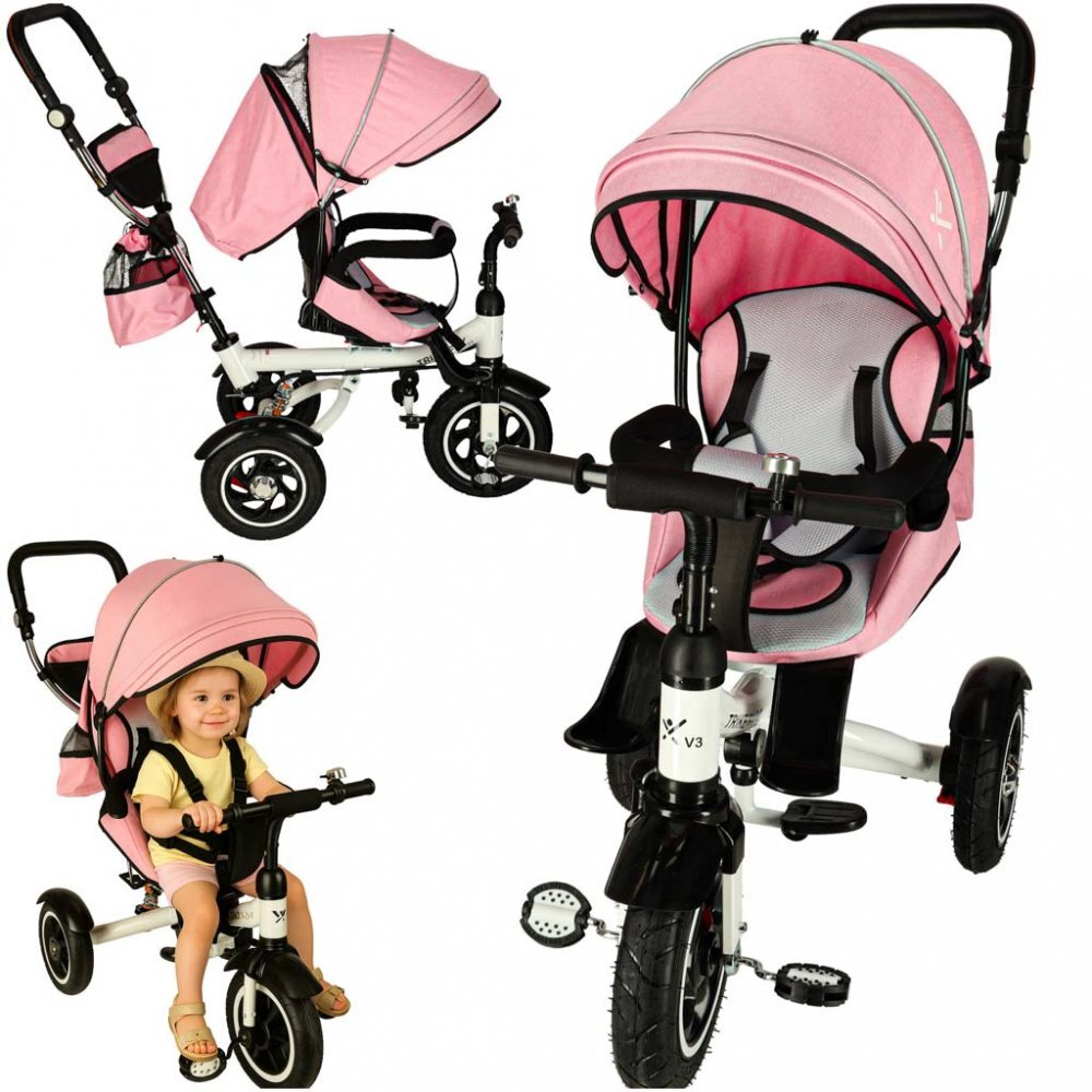 Ikonka Tricicleta pentru copii Trike Fix V3 Pink cu scaun rotativ 360 si control parental pozitie somn suport picioare amortizor spate 2 seturi suport picioruse Roti cauciuc EVA