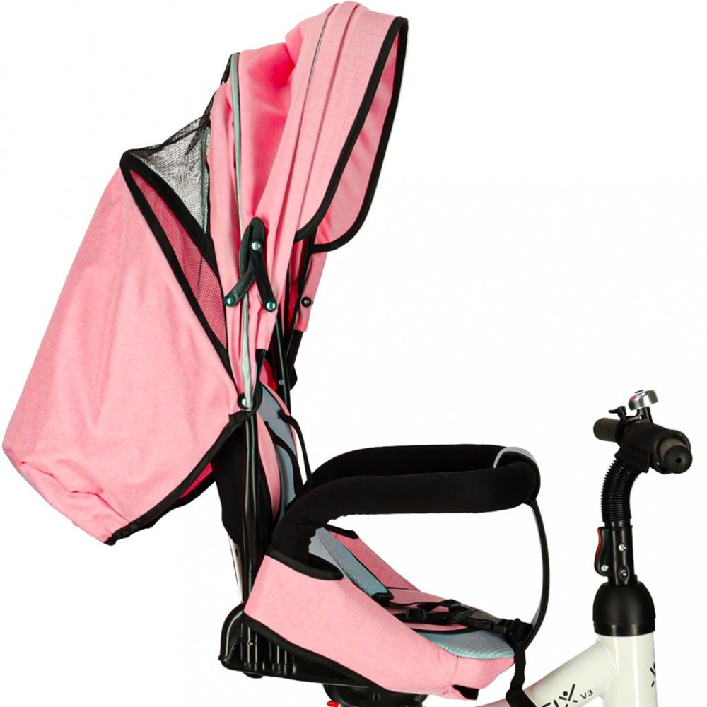 Ikonka Tricicleta pentru copii Trike Fix V3 Pink cu scaun rotativ 360 si control parental pozitie somn suport picioare amortizor spate 2 seturi suport picioruse Roti cauciuc EVA