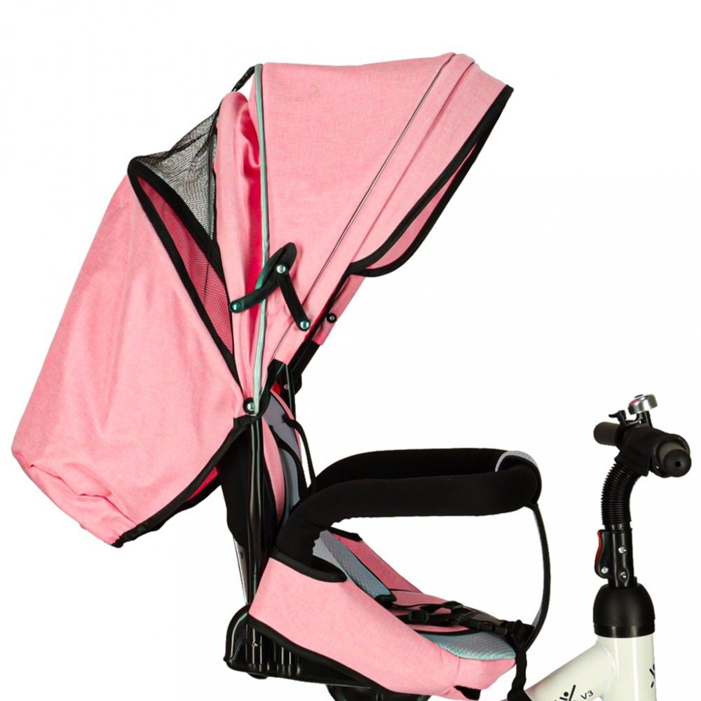 Ikonka Tricicleta pentru copii Trike Fix V3 Pink cu scaun rotativ 360 si control parental pozitie somn suport picioare amortizor spate 2 seturi suport picioruse Roti cauciuc EVA