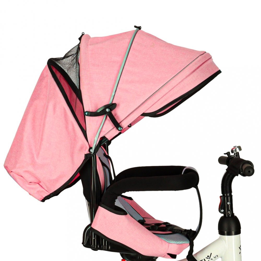 Ikonka Tricicleta pentru copii Trike Fix V3 Pink cu scaun rotativ 360 si control parental pozitie somn suport picioare amortizor spate 2 seturi suport picioruse Roti cauciuc EVA