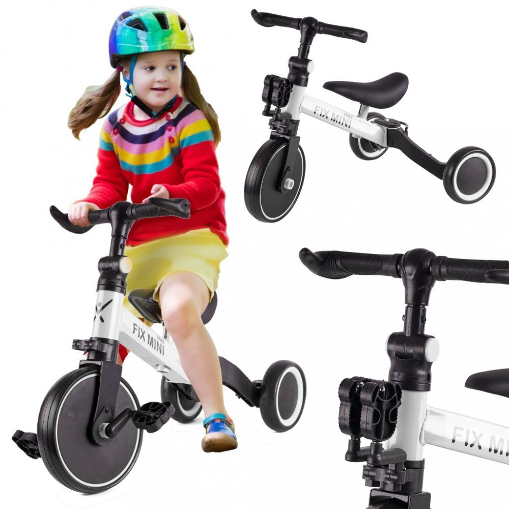 Ikonka Tricicleta pentru copii Trike Fix White cu pedale 3 in 1 ghidon si sa reglabile cadru din otel roti din spuma pentru copii cu varsta cuprinsa intre 15 si 4 ani si 30kg