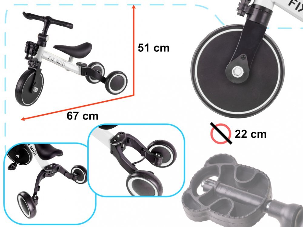 Ikonka Tricicleta pentru copii Trike Fix White cu pedale 3 in 1 ghidon si sa reglabile cadru din otel roti din spuma pentru copii cu varsta cuprinsa intre 15 si 4 ani si 30kg