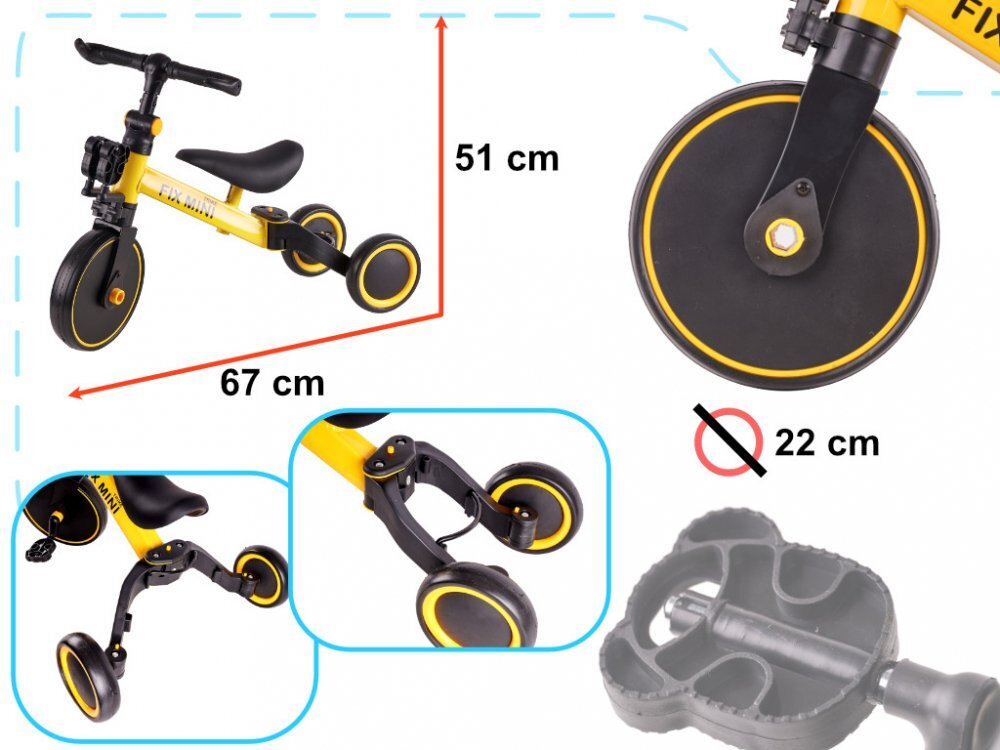 Ikonka Tricicleta pentru copii Trike Fix Yellow cu pedale 3 in 1 ghidon si sa reglabile cadru din otel roti din spuma pentru copii cu varsta cuprinsa intre 15 si 4 ani si 30kg