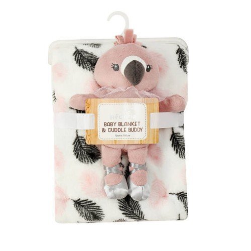 Infancie Set cadou bebelusi cu paturica si jucarie de plus flamingo