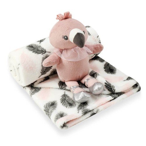 Infancie Set cadou bebelusi cu paturica si jucarie de plus flamingo