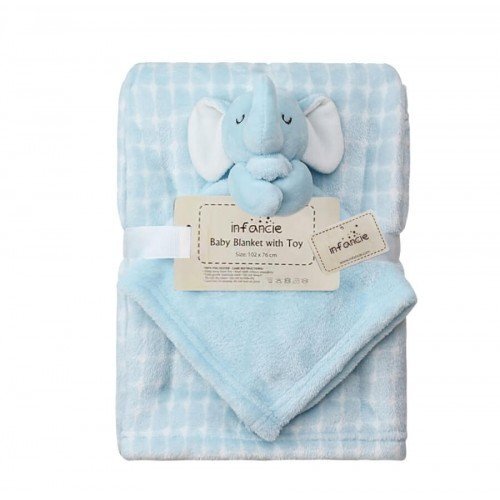 Infancie Set cadou pentru bebelusi cu paturica din fleece si jucarie elefantel bleu