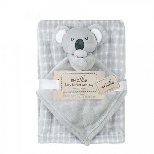 Infancie Set cadou pentru bebelusi cu paturica din fleece si jucarie ursulet gri