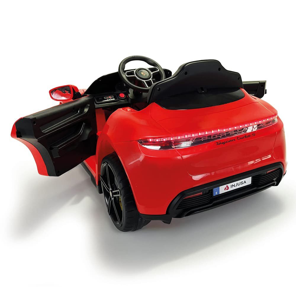 INJUSA Masina electrica pentru copii Porsche Taycan 12V 2 viteze frana electrica lumini Led radio USB telecomanda deschidere usi varsta 2 ani+