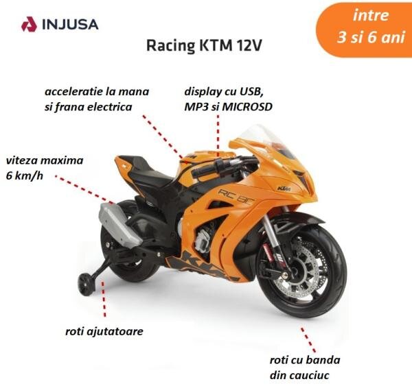 INJUSA Motocicleta electrica de curse pentru copii licenta KTM 12V include roti ajutatoare 3-6 ani