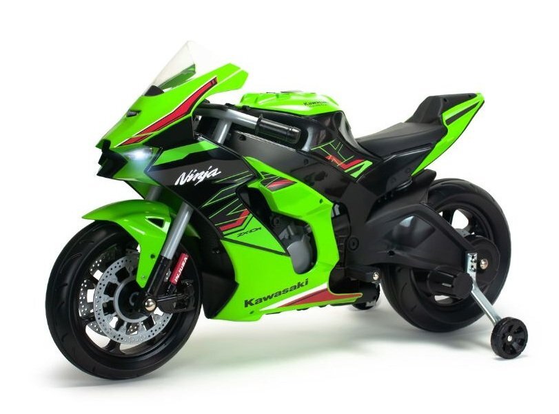 INJUSA Motocicleta electrica pentru copii 12V licentiat Kawasaki Ninja ZX-R10 Verde cu roti ajutatoare 3-6 ani