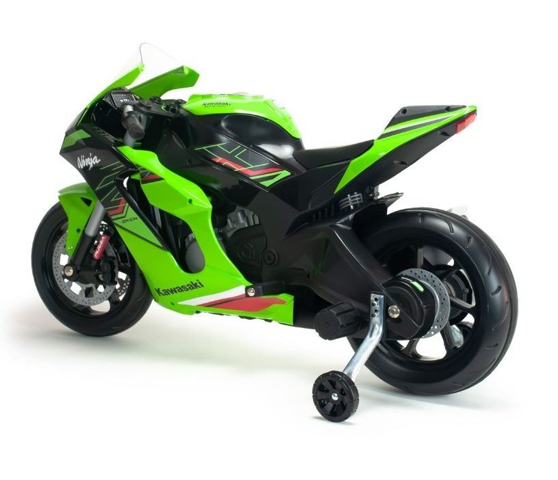 INJUSA Motocicleta electrica pentru copii 12V licentiat Kawasaki Ninja ZX-R10 Verde cu roti ajutatoare 3-6 ani