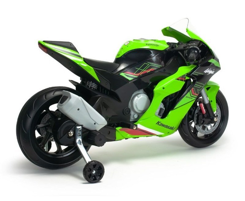 INJUSA Motocicleta electrica pentru copii 12V licentiat Kawasaki Ninja ZX-R10 Verde cu roti ajutatoare 3-6 ani