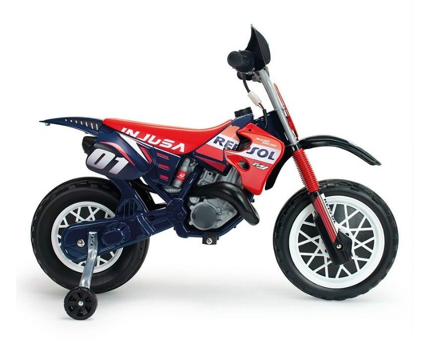 INJUSA Motocicleta electrica pentru copii 6V licentiat Repsol tip cross cu roti ajutatoare 3-6 ani