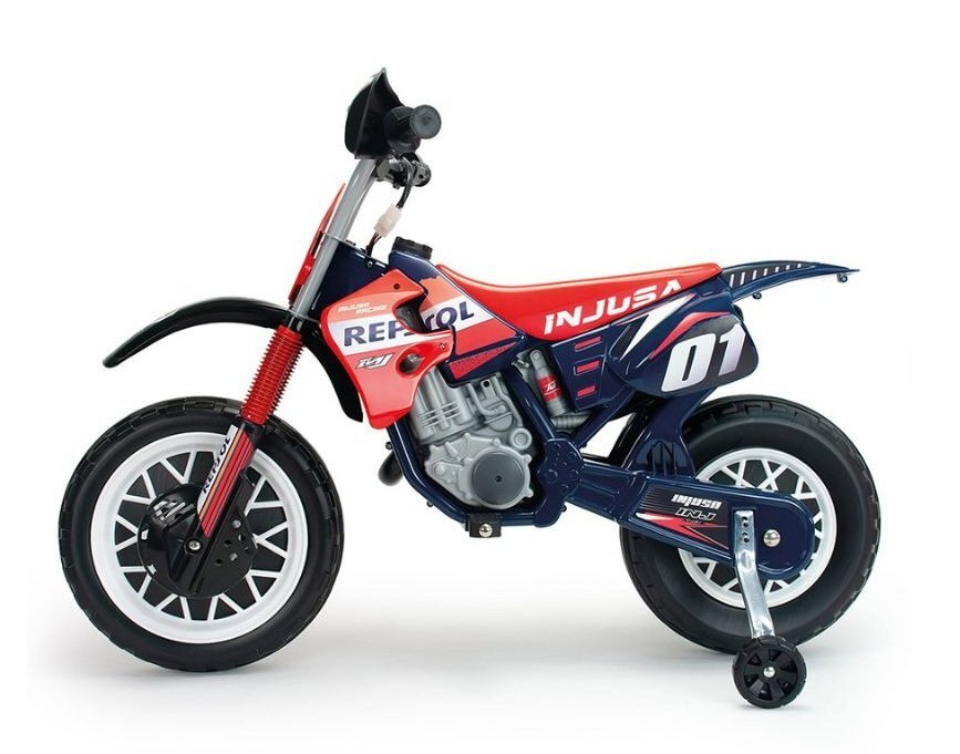 INJUSA Motocicleta electrica pentru copii 6V licentiat Repsol tip cross cu roti ajutatoare 3-6 ani
