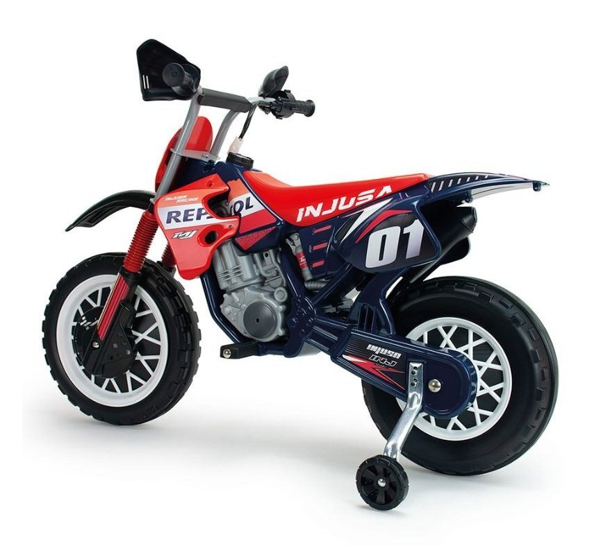 INJUSA Motocicleta electrica pentru copii 6V licentiat Repsol tip cross cu roti ajutatoare 3-6 ani