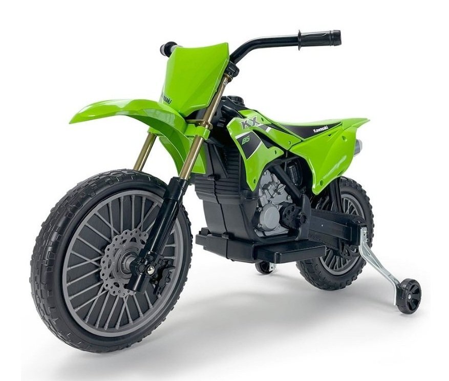 INJUSA Motocicleta electrica pentru copii Kawasaki KX85 Verde 12V cu licenta roti ajutatoare tip cross 3-5 ani