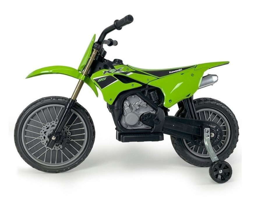 INJUSA Motocicleta electrica pentru copii Kawasaki KX85 Verde 12V cu licenta roti ajutatoare tip cross 3-5 ani