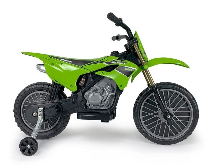 INJUSA Motocicleta electrica pentru copii Kawasaki KX85 Verde 12V cu licenta roti ajutatoare tip cross 3-5 ani