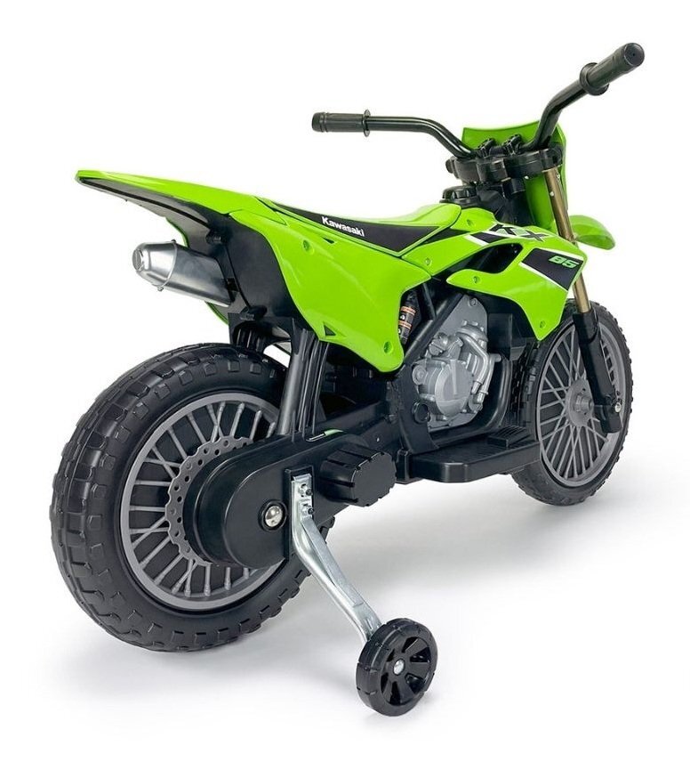 INJUSA Motocicleta electrica pentru copii Kawasaki KX85 Verde 12V cu licenta roti ajutatoare tip cross 3-5 ani