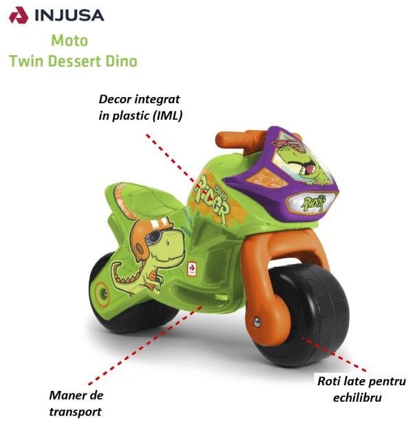 INJUSA Motocicleta pentru copii Twin Dino 18 luni+ roti late din plastic greutate admisa 30 kg