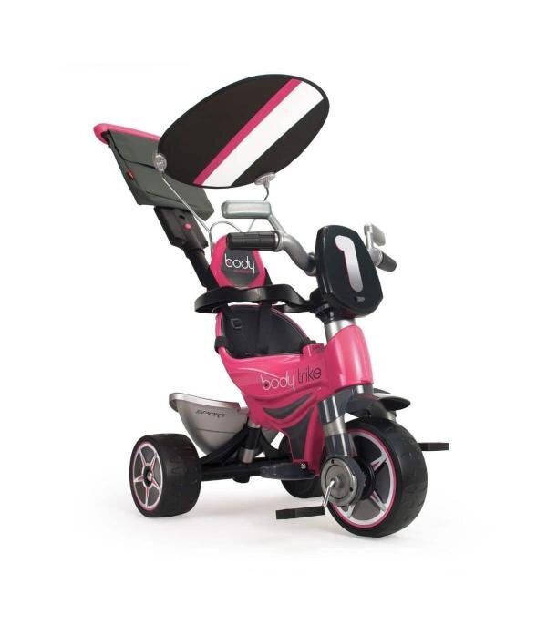 INJUSA Tricicleta evolutiva pentru copii Body Pink cu maner parental cadru din aluminiu suport picioare bara detasabila roti Eva cosulet geanta varsta 10 luni+