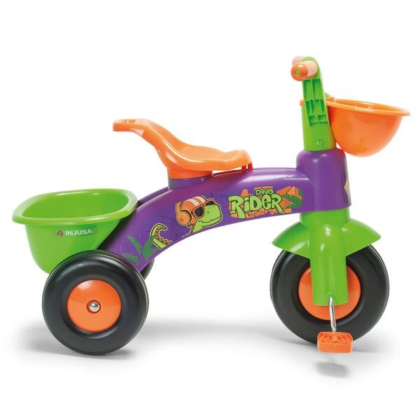 INJUSA Tricicleta pentru copii Dino Rider cu pedale inspirata din desenele cu dinozauri 1-3 ani cosulete pentru accesorii