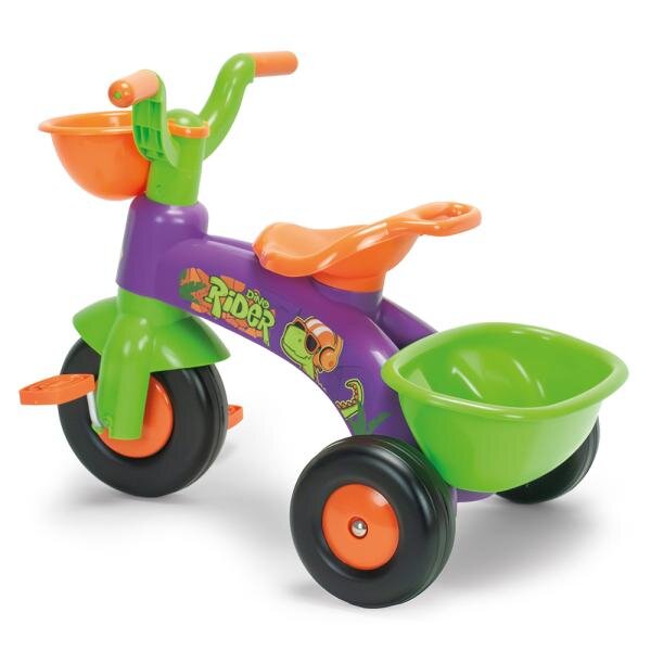 INJUSA Tricicleta pentru copii Dino Rider cu pedale inspirata din desenele cu dinozauri 1-3 ani cosulete pentru accesorii