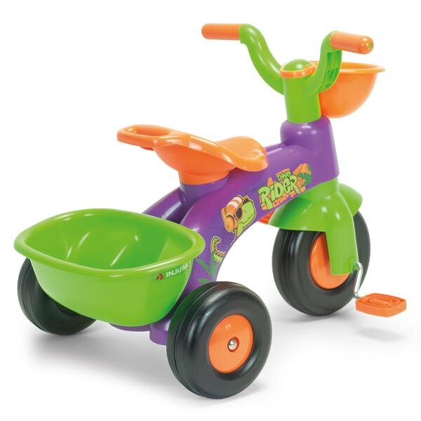 INJUSA Tricicleta pentru copii Dino Rider cu pedale inspirata din desenele cu dinozauri 1-3 ani cosulete pentru accesorii
