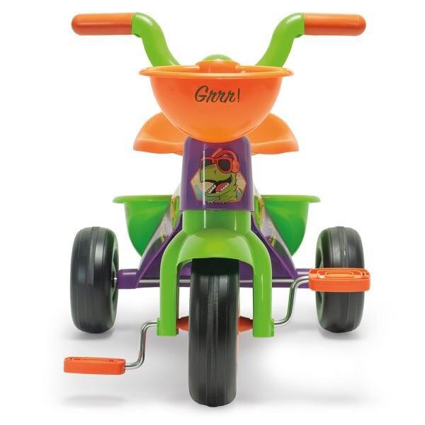 INJUSA Tricicleta pentru copii Dino Rider cu pedale inspirata din desenele cu dinozauri 1-3 ani cosulete pentru accesorii