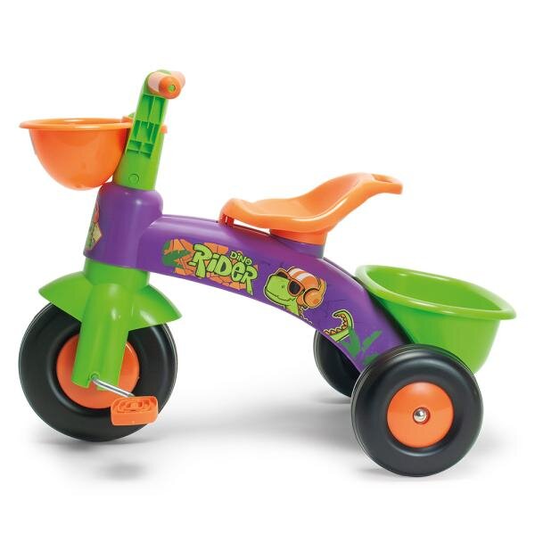 INJUSA Tricicleta pentru copii Dino Rider cu pedale inspirata din desenele cu dinozauri 1-3 ani cosulete pentru accesorii