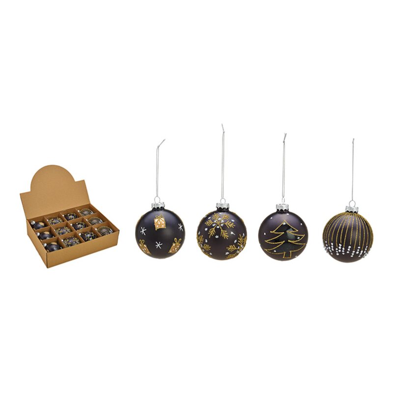 Jad Flamande Set de 12 globuri din sticla negru cu auriu diametru 8 cm