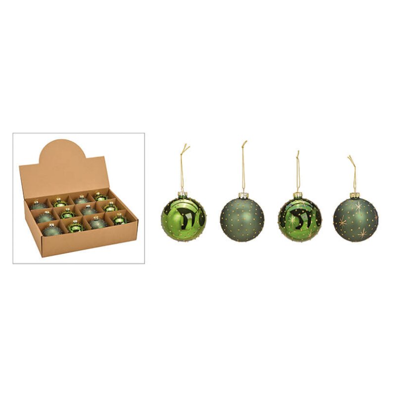 Jad Flamande Set de 12 globuri din sticla verde cu auriu diametru 8 cm