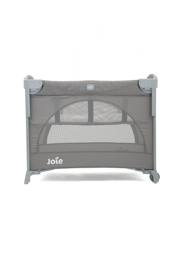 JOIE Patut pentru copii co-sleeper Kubbie Foggy Gray pliabil usita cu fermoar roti cu blocare laterala culisanta saltea si geanta de transport incluse