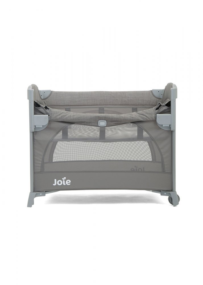 JOIE Patut pentru copii co-sleeper Kubbie Foggy Gray pliabil usita cu fermoar roti cu blocare laterala culisanta saltea si geanta de transport incluse