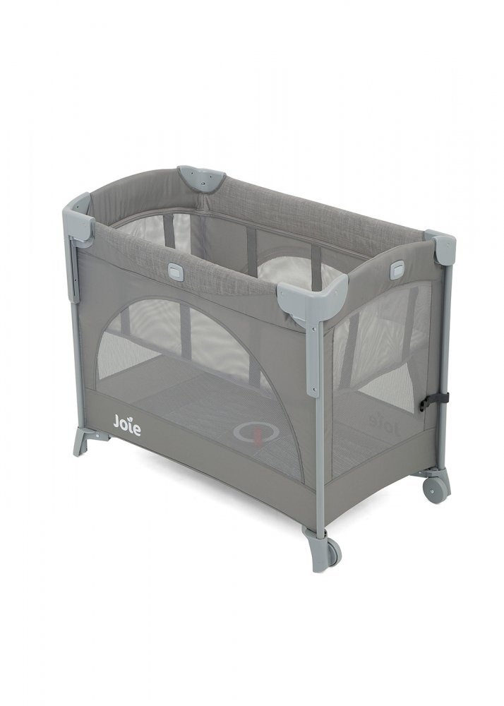 JOIE Patut pentru copii co-sleeper Kubbie Foggy Gray pliabil usita cu fermoar roti cu blocare laterala culisanta saltea si geanta de transport incluse