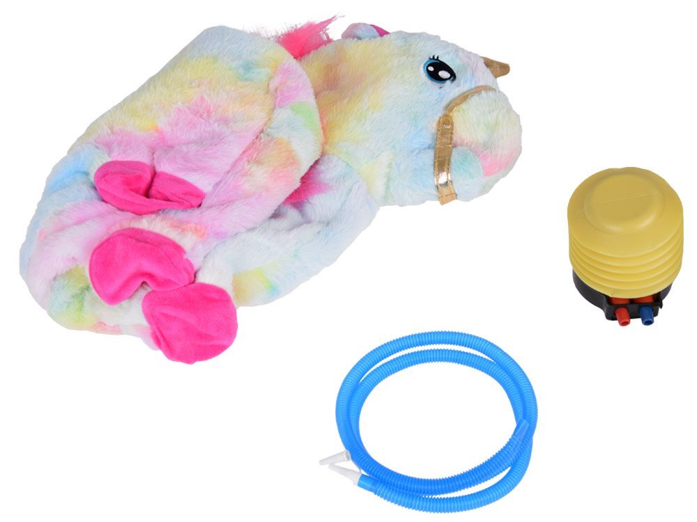 Jokomisiada Calut gonflabil de sarit pentru copii Rainbow Unicorn realizat din cauciuc imbracat in plus pufos cu pompa de picior inclusa dimensiune 61 x 17 x 52 cm