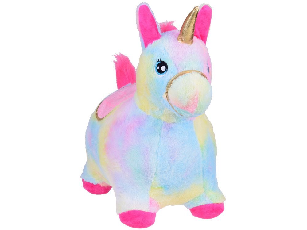 Jokomisiada Calut gonflabil de sarit pentru copii Rainbow Unicorn realizat din cauciuc imbracat in plus pufos cu pompa de picior inclusa dimensiune 61 x 17 x 52 cm