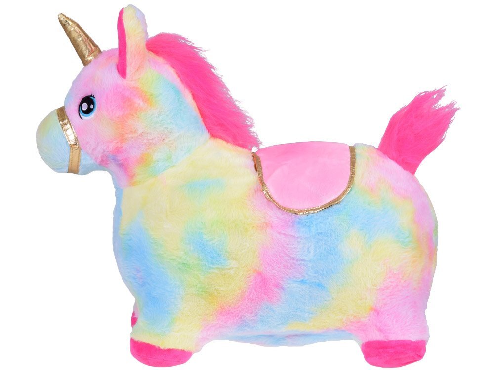 Jokomisiada Calut gonflabil de sarit pentru copii Rainbow Unicorn realizat din cauciuc imbracat in plus pufos cu pompa de picior inclusa dimensiune 61 x 17 x 52 cm