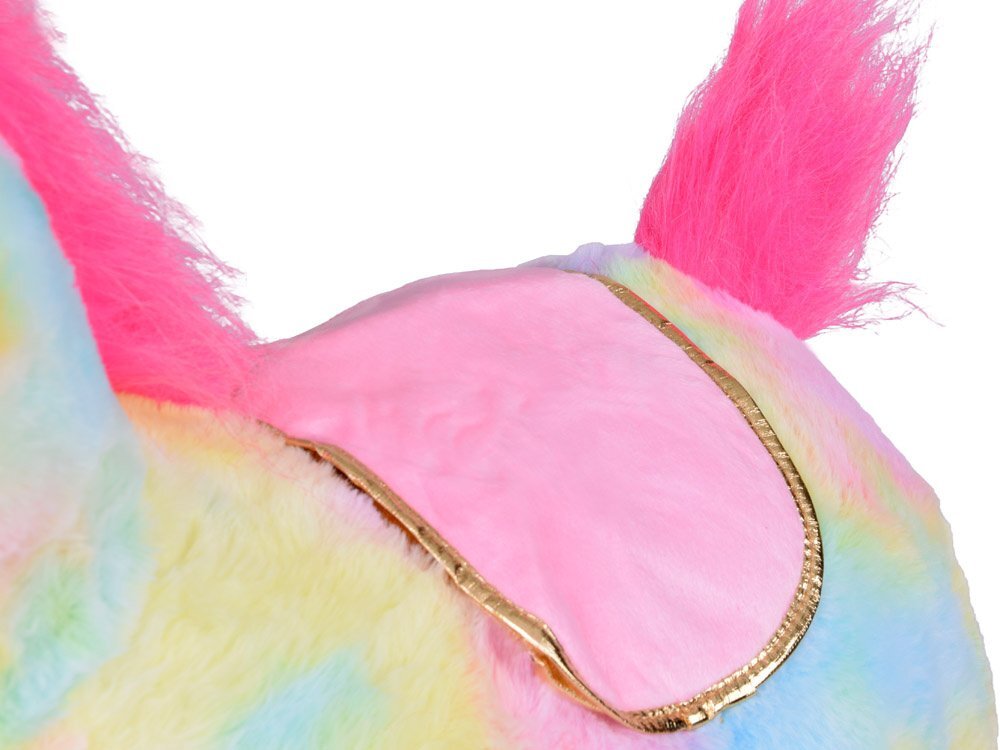 Jokomisiada Calut gonflabil de sarit pentru copii Rainbow Unicorn realizat din cauciuc imbracat in plus pufos cu pompa de picior inclusa dimensiune 61 x 17 x 52 cm